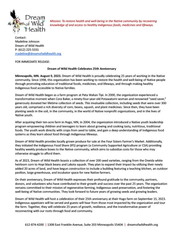 25th Anniversary Press Release - Dream of Wild Health