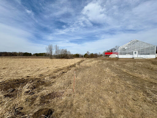 the greenhouse building on a sunny day before the field has turned green