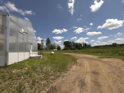 a dirt road next to the greenhouse building on a sunny day